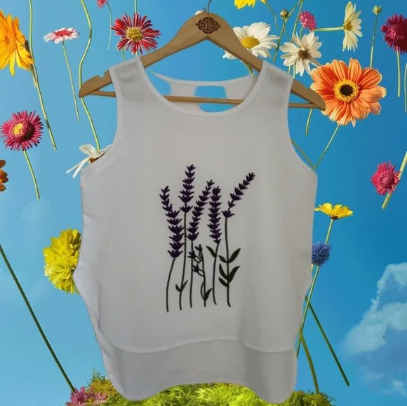 Embroidered Purple Heather Sleeveless Garden Girl Cottage Core  Top Size Medium - Picture 2 of 7